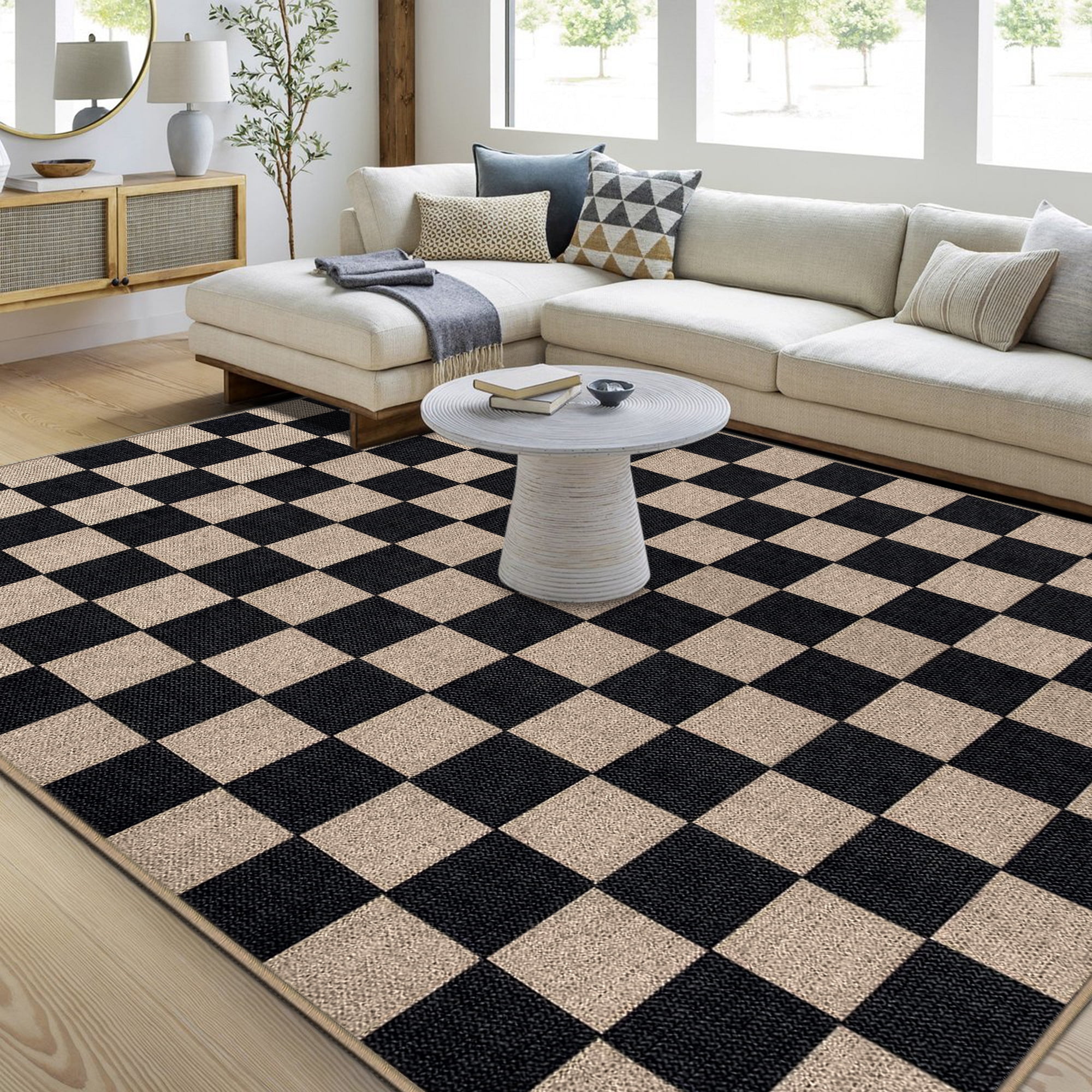 Black and White Geometric Checkered 5' x 7' Washable Rug