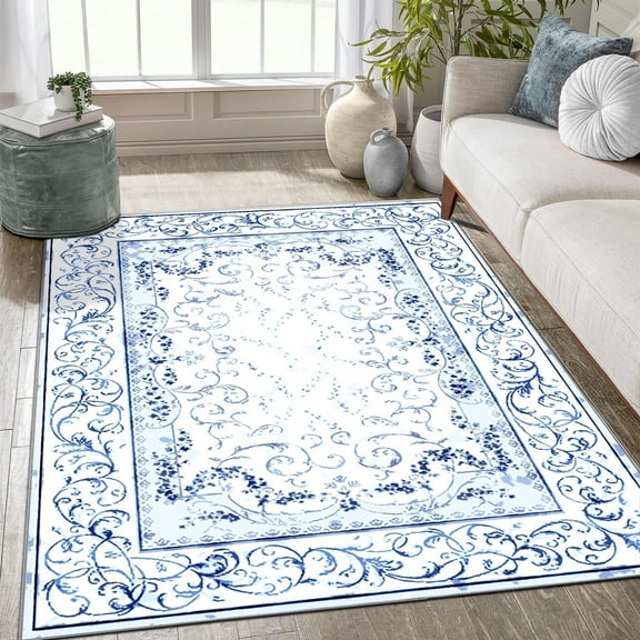 Artnice Floral Rugs for Living Room 5x7, Machine Washable Area Rugs Non Slip, Boho Blue Rugs Vintage Indoor Carpet Mats for Home Decor