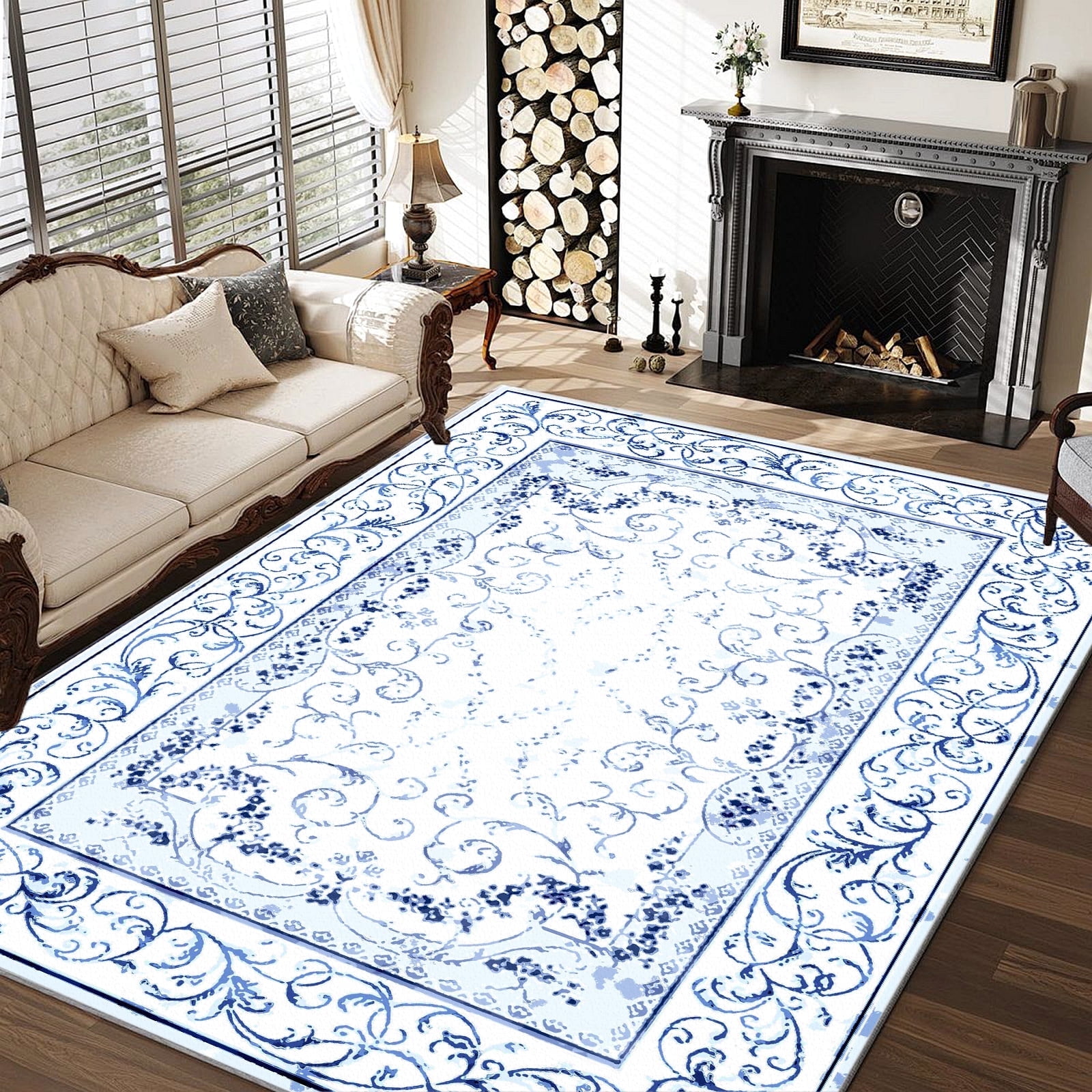 Artnice Floral Rugs for Living Room 8x10, Machine Washable Area Rugs Non Slip, Boho Blue Rugs Vintage Indoor Carpet Mats for Home Decor