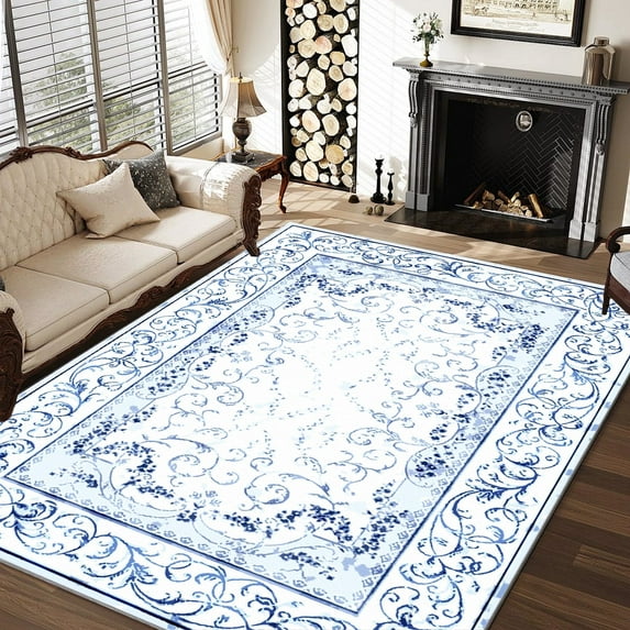 Artnice Floral Rugs for Living Room 8x10, Machine Washable Area Rugs Non Slip, Boho Blue Rugs Vintage Indoor Carpet Mats for Home Decor