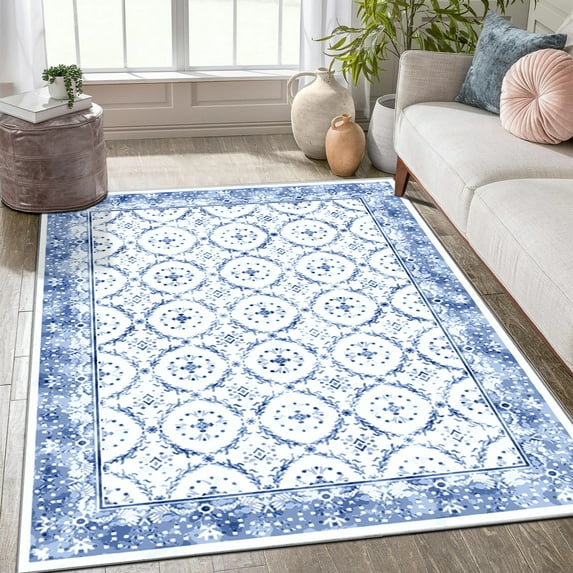 Artnice Vintage Floral Area Rugs for Living Room, 5x7 Machine Washable Rugs, Non Slip Lightblue Area Rugs Indoor Carpet Mats for Home Decor