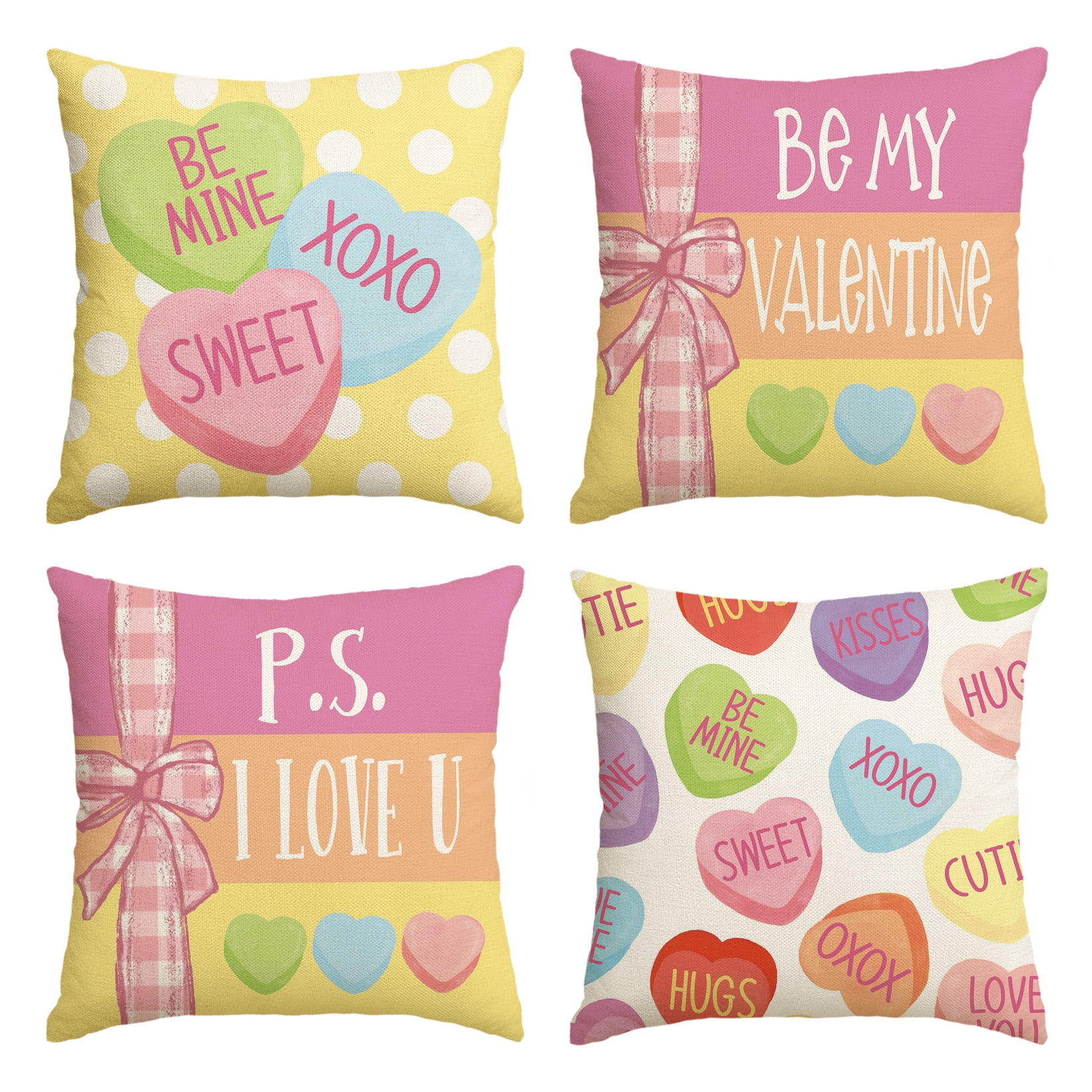 Sm:)e Be Mine Candy Heart Valentine Throw Pillow Covers Set of 4, 18 x 18 Inch Cushion Case Decoration for Sofa Couch