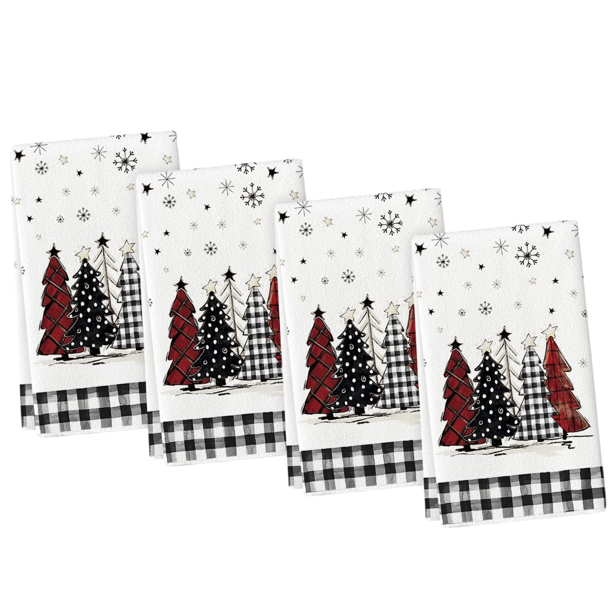 Artoid Mode Black Red Merry Christmas Kitchen Towels Dish Towels, 18x26  Inch Buffalo Plaid Winter Xmas Trees Star Decoration Hand Towels Set of 2