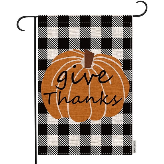Sm:)e Buffalo Plaid Give Thanks Pumpkin Fall Thanksgiving Flag, Polyester, Black, Off White