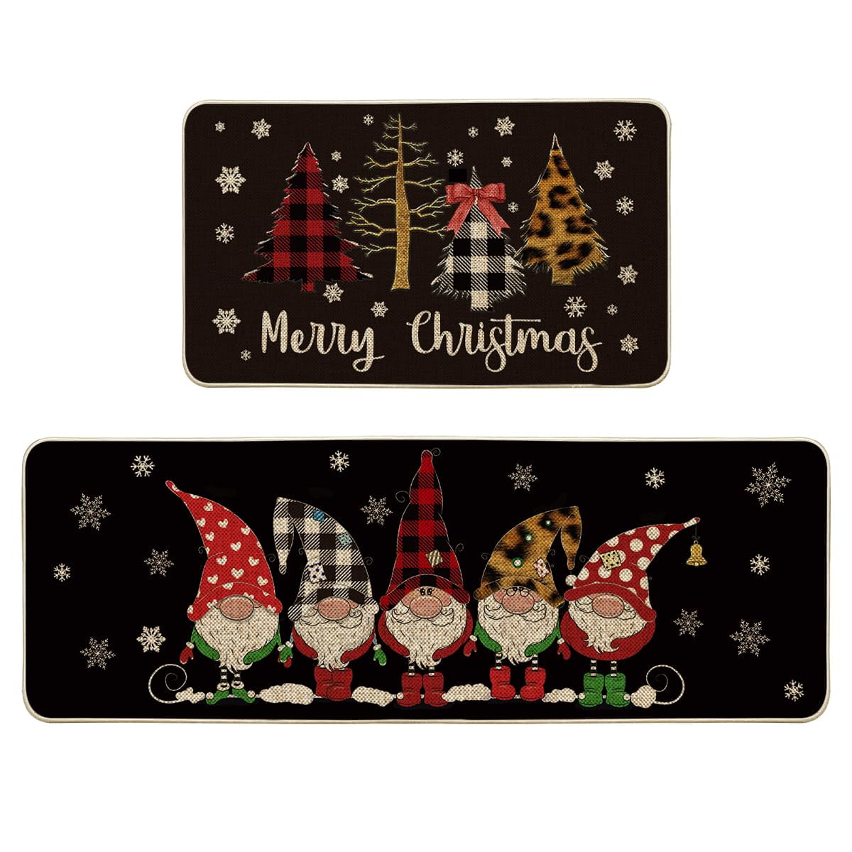 Artoid Mode Buffalo Plaid Tree Gnomes Black Christmas Kitchen Rugs Set