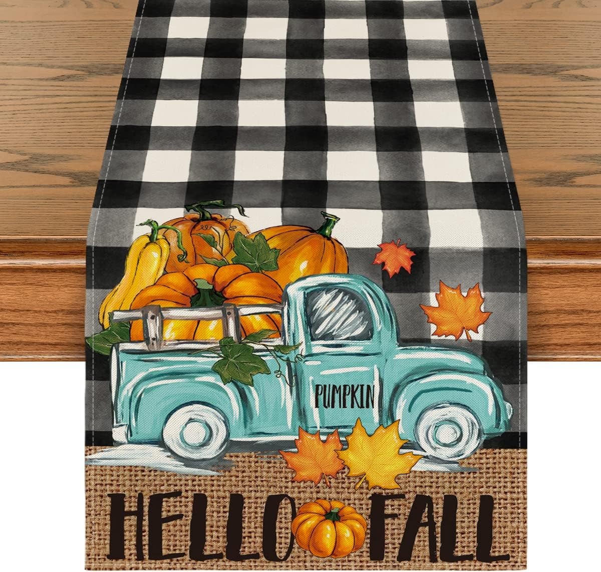 Artoid Mode Buffalo Plaid Truck Pumpkin Maple Leaf Hello Fall Table ...