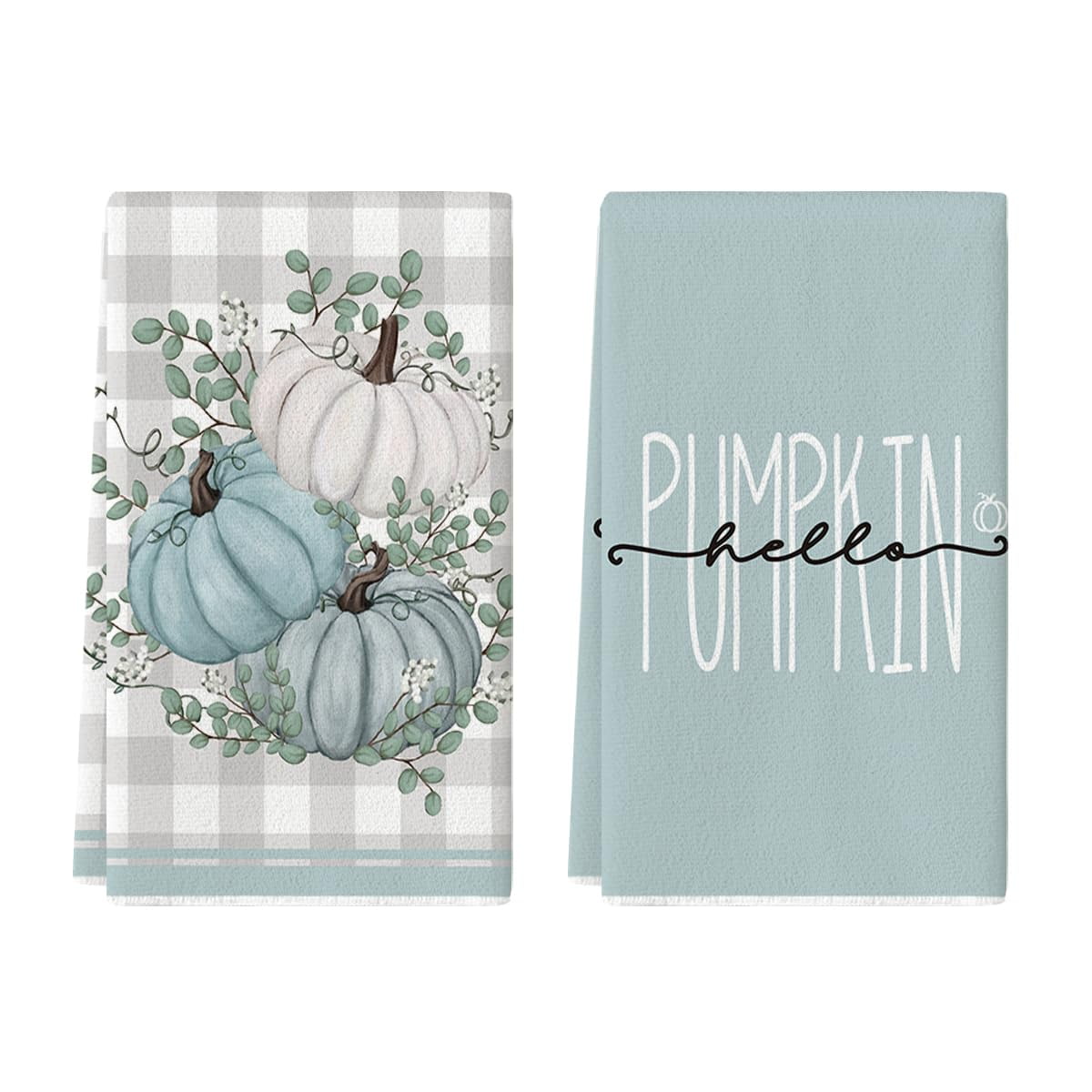 Artoid Mode Eucalyptus Leaves Blue Pumpkin Fall Thanksgiving Kitchen Dish Towels Set of 2, 18 x