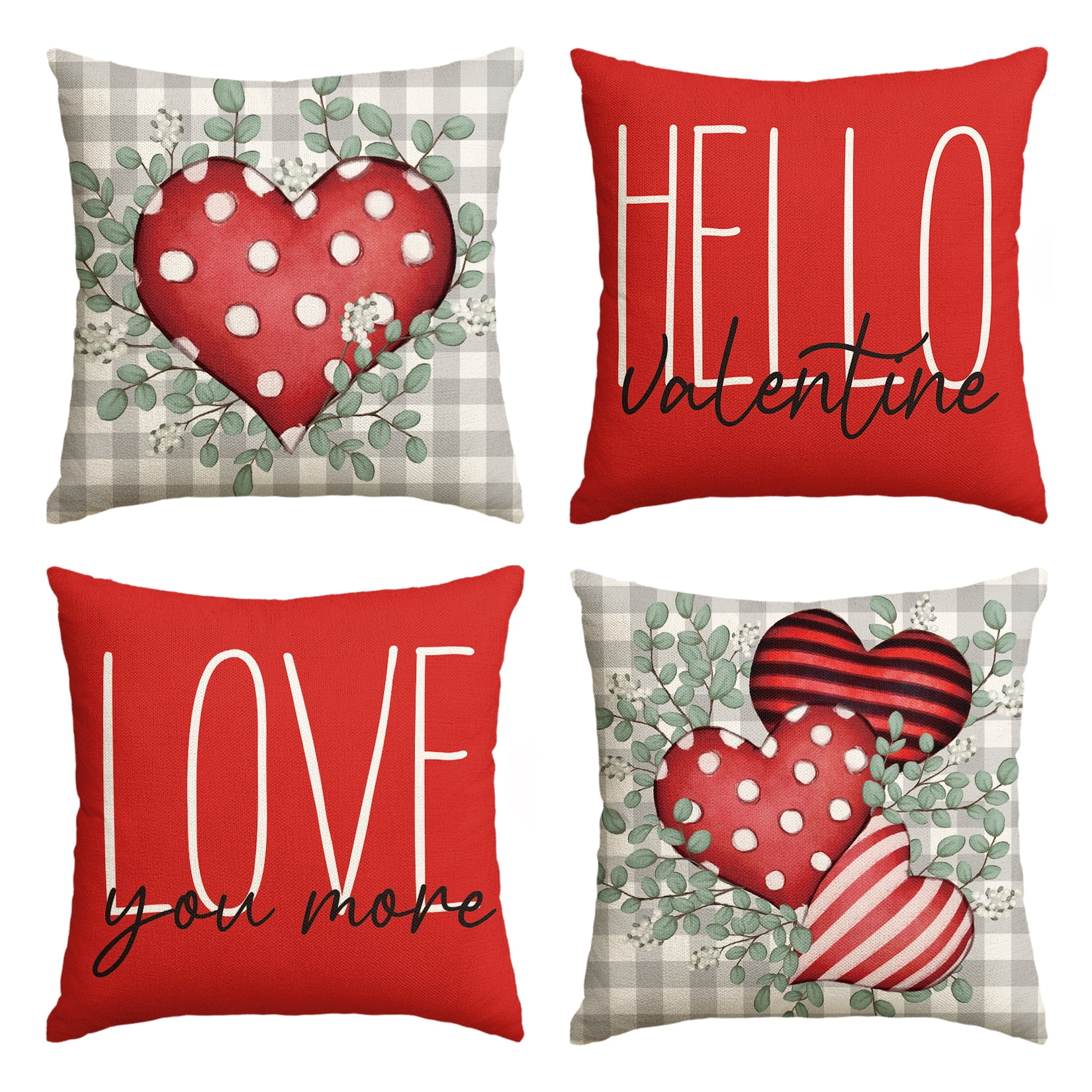 Sm:)e Love You More Eucalyptus Leaves Valentine Throw Pillow Covers Red Set of 4, 18 x 18 Inch Buffalo Plaid Polka Dot Stripes Love Hearts Cushion Case Decoration for Sofa Couch