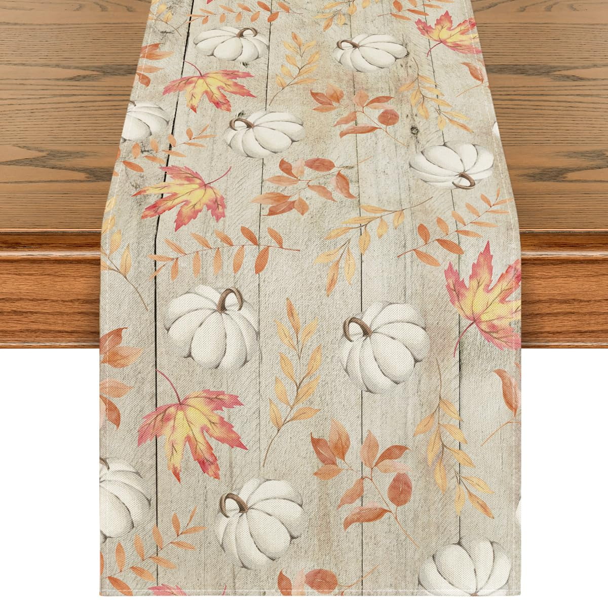Fall Table Runner With Eucalyptus Leaves - 13x72 Inch Autumn Kitchen Dining Decor