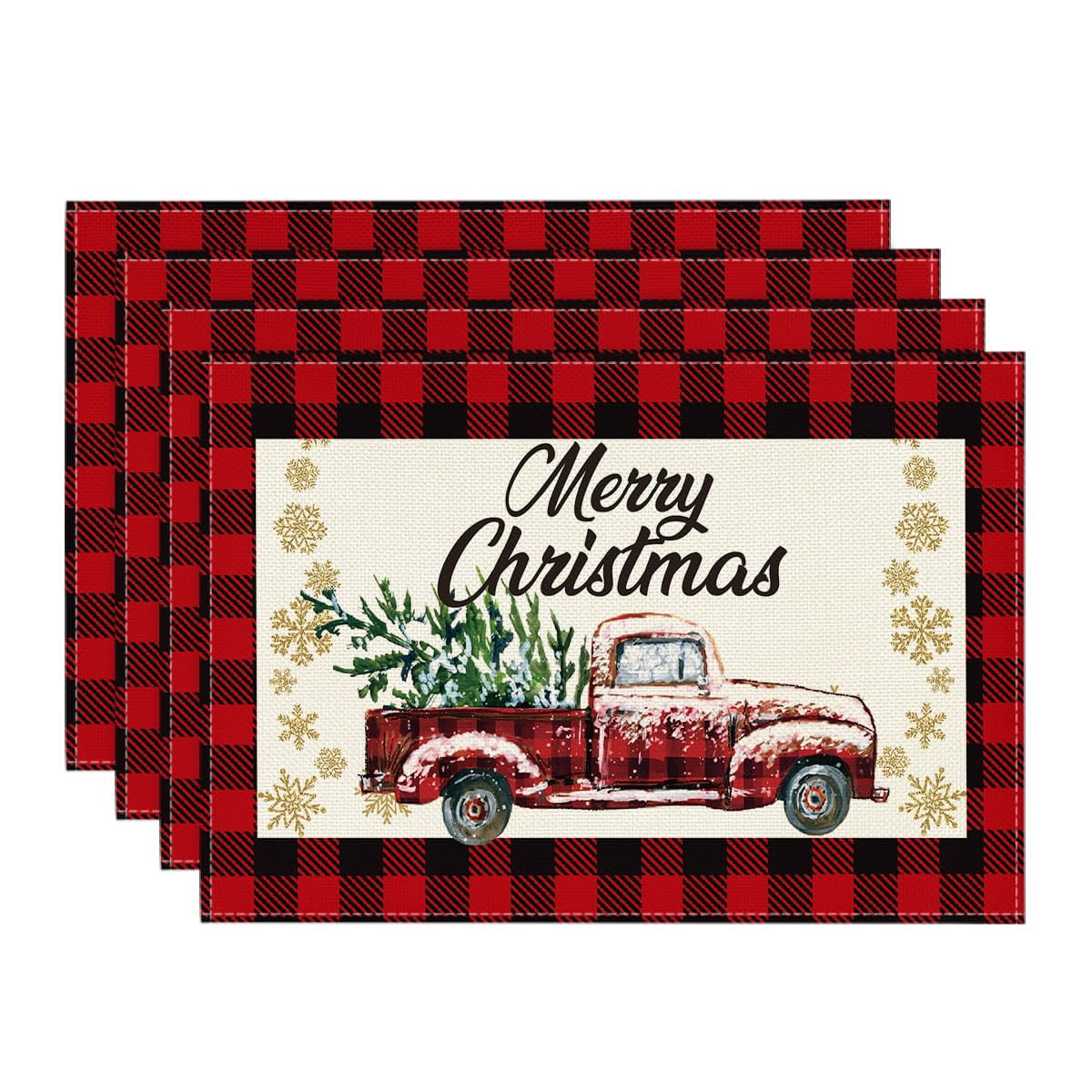 Artoid Mode Red and Black Buffalo Plaid Truck Merry Christmas Placemats