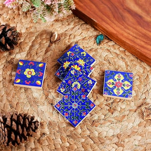 Artook Decor Blue Pottery Home Decorative Ceramic Tiles Backsplash Wall Tiles Mural Panel Kitchen Washroom Mosaic Tiles (2x2-inches Set of 6, Multi)