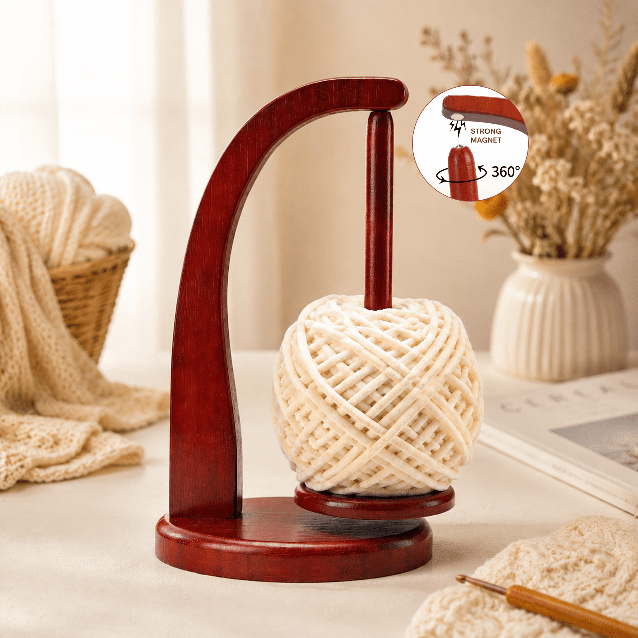 Artowell Magnetic Yarn Holder Spinner – Bamboo Yarn Stand for Knitting & Crochet, Eco-Friendly Organizer (Mahogany, Plus Size)