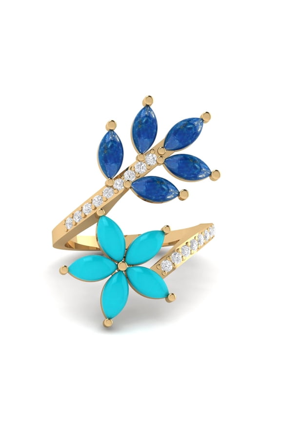 Marquise Turquoise, Lapis Lazuli, Moissanite 3.8 ct. t.w. 925 Sterling Silver Wedding Ring