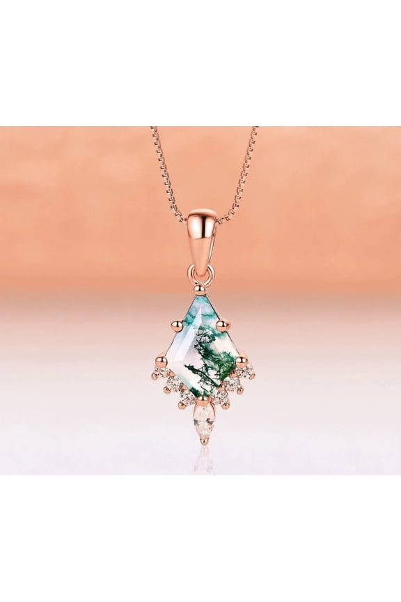 Kite Cut Moss Agate Pendant Necklace 14k Solid Gold Necklace Sterling Silver Necklace Moss Agate Pendant Gold Necklace Gift for Bridal