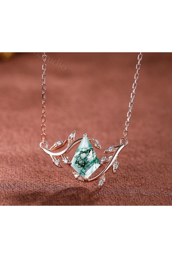 Kite Cut Moss Agate Pendant Necklace 14k Solid Gold Necklace Sterling Silver Necklace Moss Agate Pendant Gold Necklace Gift for Bridal