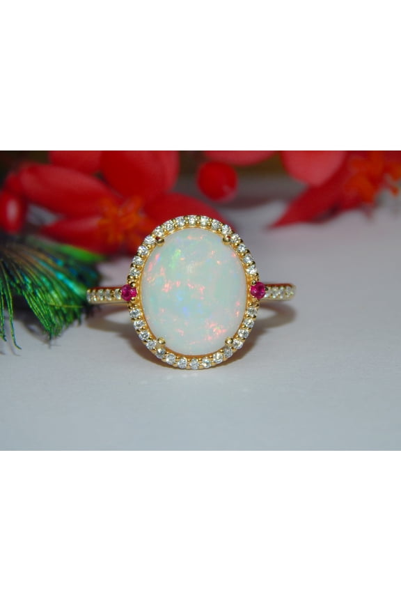 Natural Fire Opal & Ruby Wedding Ring, 925 Silver Ring, Moissanite Halo Ring, October Birthstone, Opal Promise Ring, Gift For Her