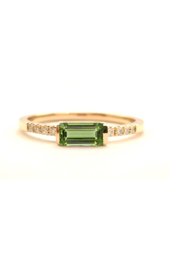 Natural Peridot Ring - Diamond Cut Round , 3x5 Size ,Baguette Peridot Ring, 925 Sterling Silver, Engagement Rings