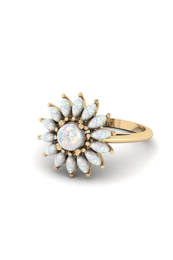 Round Fire Opal Ring , Marquise Opal Ring, Cluster Ring, 925 Sterling Silver ,14K Yellow Gold Plated Engagement Rings