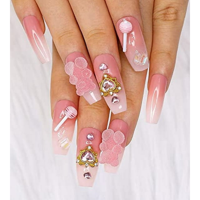 Artquee 24pcs French Pink Ombre Long Ballerina Press on Nails Glossy