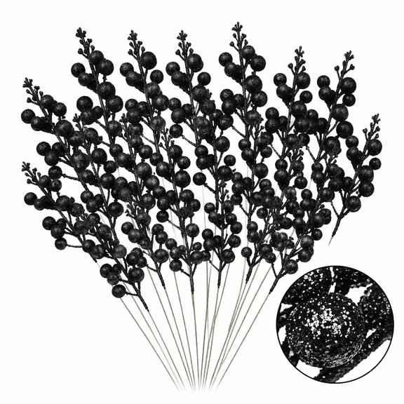 Artrylin 20 Pack Black Glitter Christmas Berry Stems, 9" Artificial Berries Branches for Christmas Tree Ornaments, DIY Xmas Wreath, Garland, Floral Arrangements, Holiday Home Decor Picks