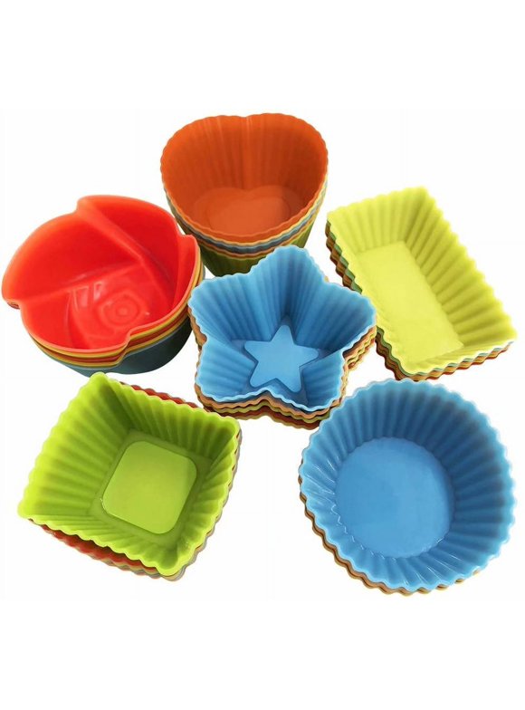 Artrylin 24 Pack 2 Inch Mini Silicone Cupcake Liners Reusable Baking Cups Nonstick Pastry Muffin Molds Multi-Color Random 4 Shapes (Round, Star, Heart, Flower,Square)
