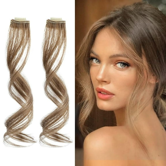 Artrylin 2Pcs Long Side Air Bangs, Wavy Curly Clip in Curtain Bangs Front Side Bangs Face-Framing Highlights for Women Daily Use Set Long Temples（Light Brown）