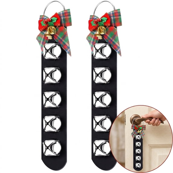 Artrylin 2pcs Hanging Jingle Sleigh Bells 5-Bell Dog Doorbells for Door Knob Faux Leather Belts Go Outside Dog Bells Christmas Decor and Holiday Decorations (Silver)