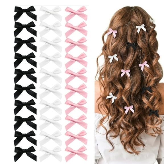 Artrylin 30Pcs Mini Bow Hair Clips Satin Mini Bow Clips Small Bowknot Barrettes Hair Ribbon Alligator Clips Hair Bows for Girls Baby Women(Black+Pink+White)
