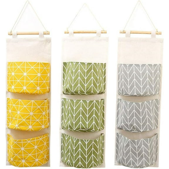 Artrylin 3Pcs 60 x 20cm Wall Hanging Storage Bag, 3-Pockets Stackable Hanging Bag - Waterproof Linen Fabric Hanging Wide Pocket Organizer for Bedroom Bathroom Kitchen Office Wardrobe Clothes Rail