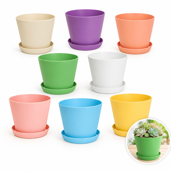 Artrylin 4.7" Plastic Flower Pots with Drainage & Tray Saucer, 8 Pack Nursery Plant Pots Reusable Seed Starting & Repotting Containers for Succulents, Herbs, African Violets & Cactus (Assorted Colo