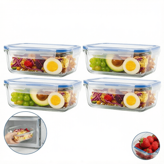 Artrylin 4-Pack Glass Food Storage Containers with Lids, 14oz /410ml Airtight Bento Lunch Boxes – Meal Prep & Leftover Kitchen Canisters, Clear BPA Free