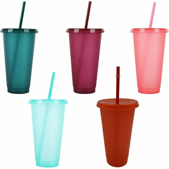 Artrylin 5Pack 24oz Reusable Glitter Cups with Lids and Straws Plastic Tumblers Travel Mugs Glasses for Adults to Drink Water Coffee Smoothie Beverages at Parties- (Glitter)