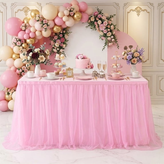Artrylin 6ft Long Pink Tulle Table Skirt for Rectangle Round Tables 3-Layer Ruffle Desk Teacher Skirt for Princess Girls Birthday Party Cake Dessert Classroom Dorm Decor