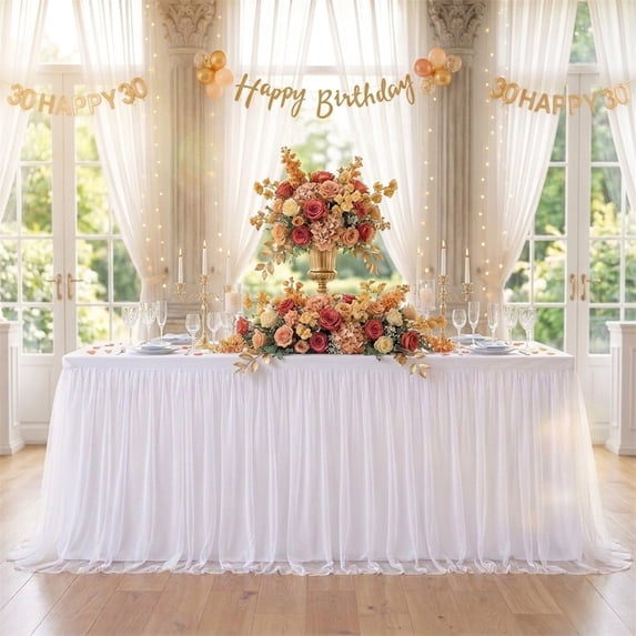 Artrylin 6ft White Tulle Tablecloth for Rectangle Tables White Table Cloth Rectangle Wrinkle Free Stretch Table Cover with Tutu Skirt for Shower Girls Birthday Party Banquet Buffet Desk Skirt