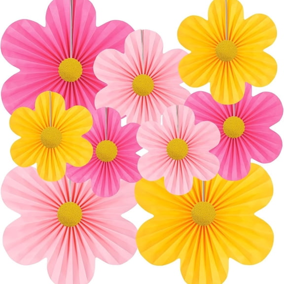 Artrylin 9Pcs Paper Flowers Party Decorations Paper Fans Classroom Decorations Spring Floral Backdrop Hanging Pink Party Decor for Party Birthdays Baby Shower Spring Summer Garden Home Wall