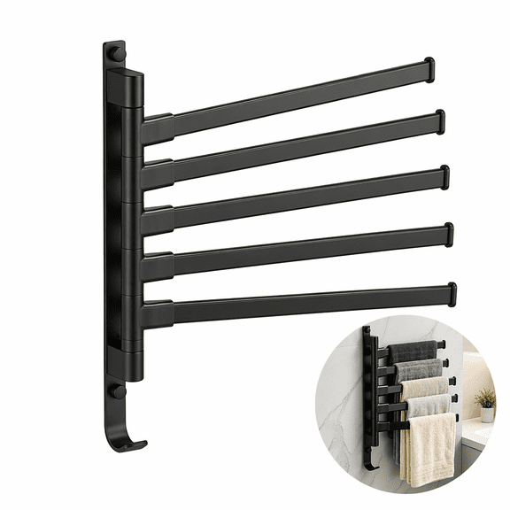 Artrylin Aluminum Rotating Pool Towel Rack, 12inch 5 Bars Swivel Outdoor Towel Rack with Hook Space Saving Wall Mounted Metal Towel Holder Swing Out Ideal for Pool, Hot Tub,Shower,BalconyBlack