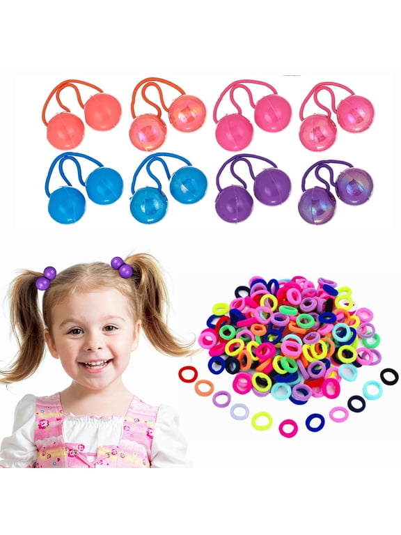 Baby Hair Ties for Girls,100Pcs Premium Nylon Hair Ties +8Pcs Ponytail Ball Hair Elastics Collection,Brightly Colored Marble Finish Twin Bead Ponytail Balls For Girls And Toddlers
