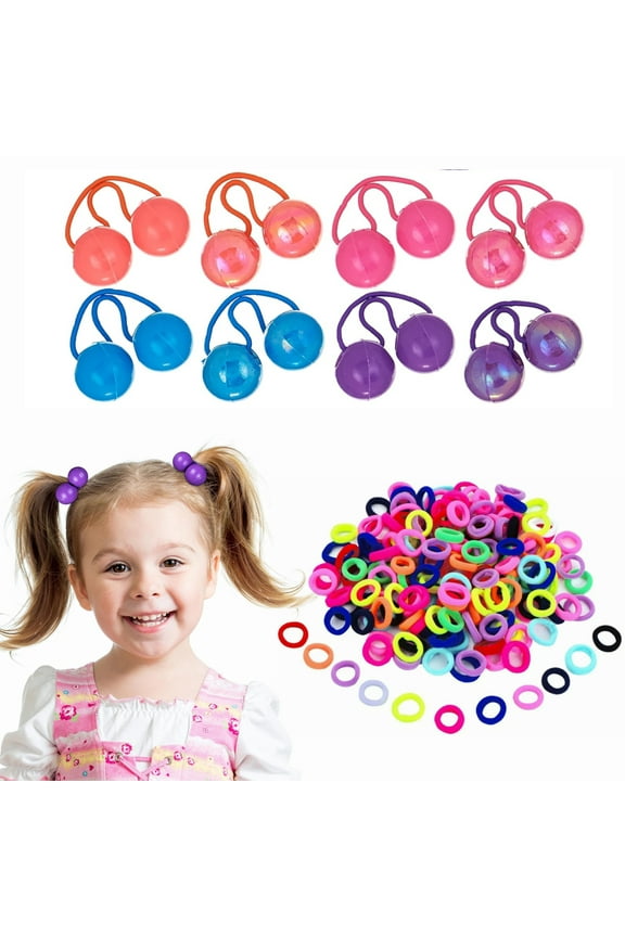 Baby Hair Ties for Girls,100Pcs Premium Nylon Hair Ties +8Pcs Ponytail Ball Hair Elastics Collection,Brightly Colored Marble Finish Twin Bead Ponytail Balls For Girls And Toddlers