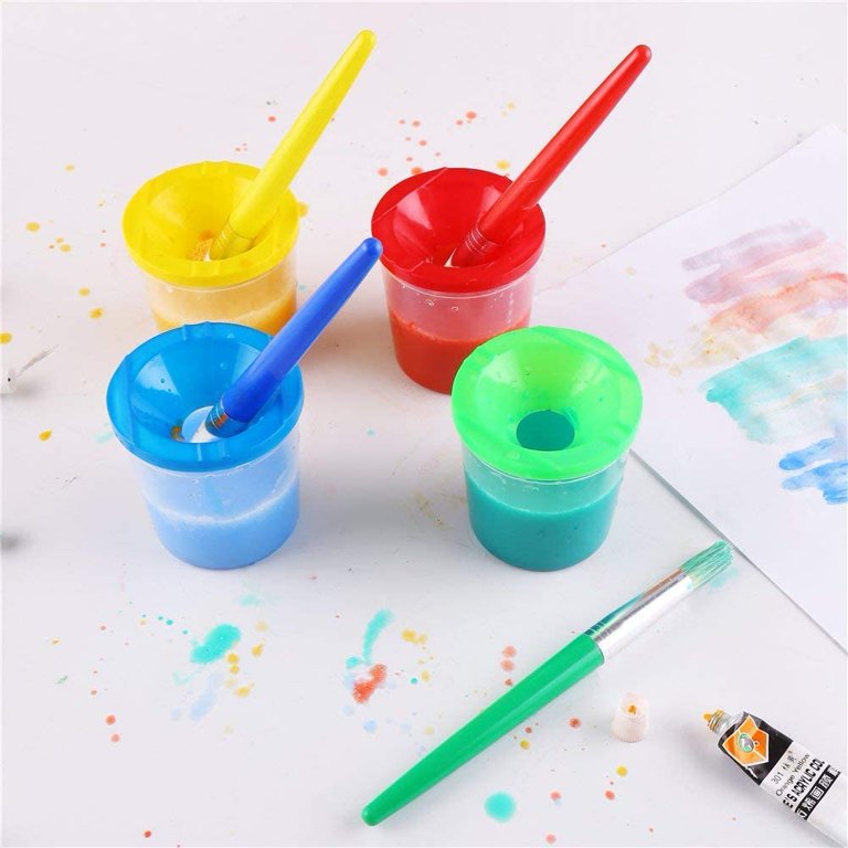 4pcs Paint Brushes and 4pcs No Spill Paint Cups with Lids for Kids