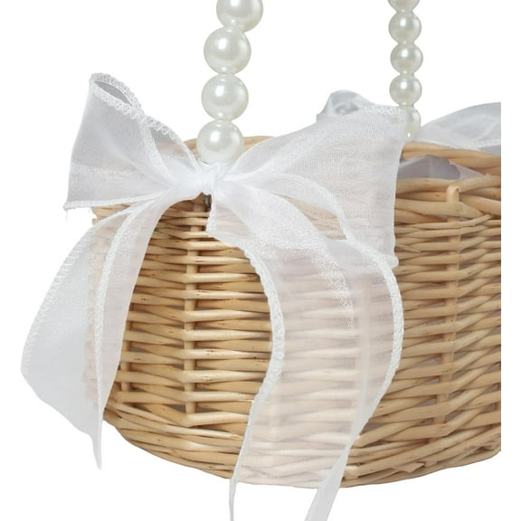 Artrylin Hand-Arranged Rattan Basket, Portable Flower Girl Basket,Handwoven Small Flower Basket,Decorative Flower Basket with Ribbons,Rustic Wedding Basket with Pearl Handle