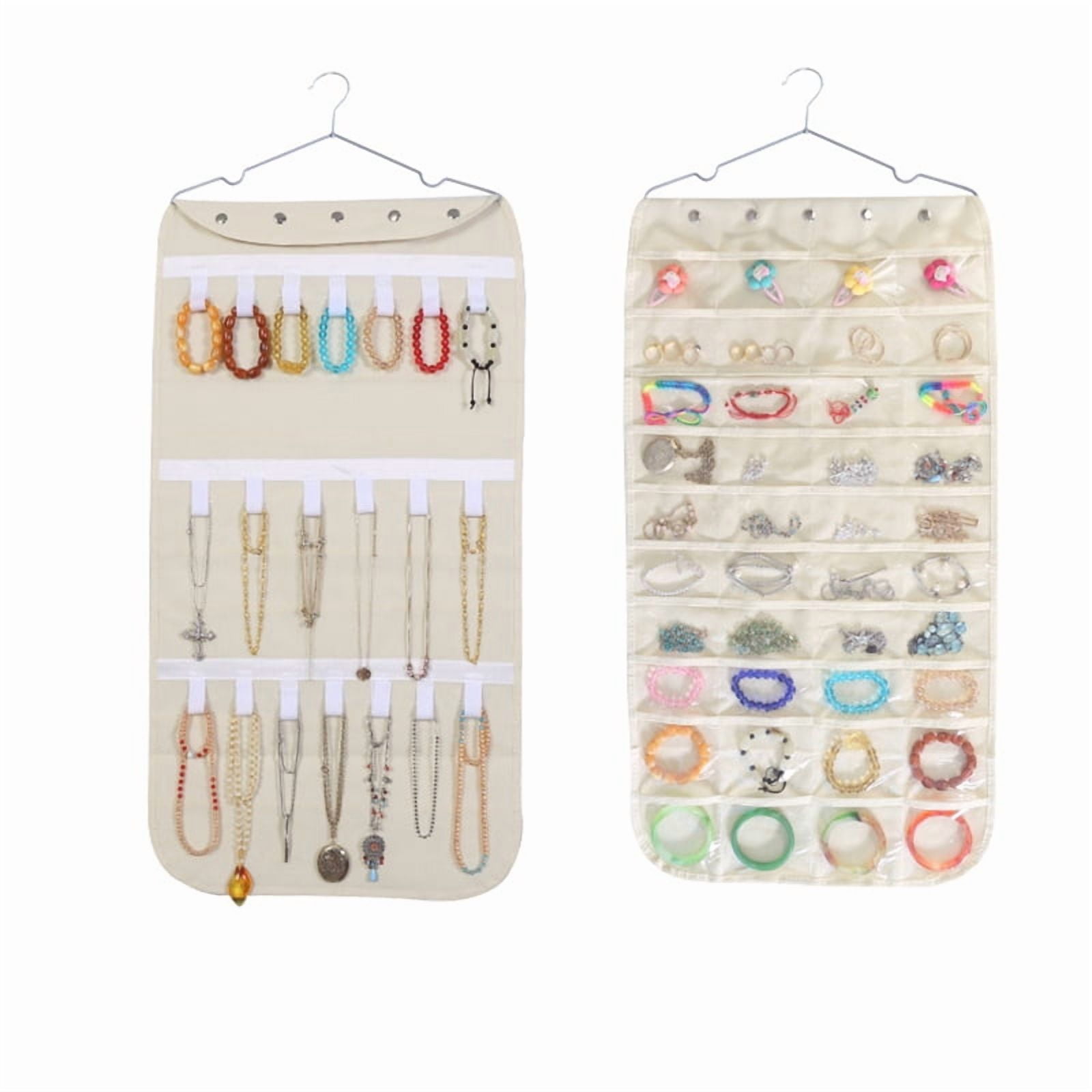 ARTRYLIN Hanging Jewelry Organizer, Accessories Organizer, 59-Pocket Dual-sided Jewelry Storage for Earring Necklace Bracelet Ring and more, Beige