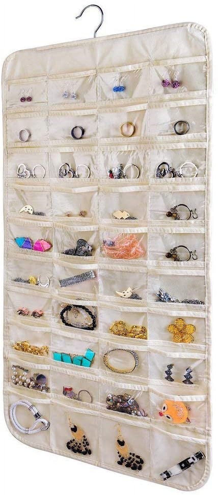 Beige Rectangular Hanging Jewelry Organizer with 80 Pockets