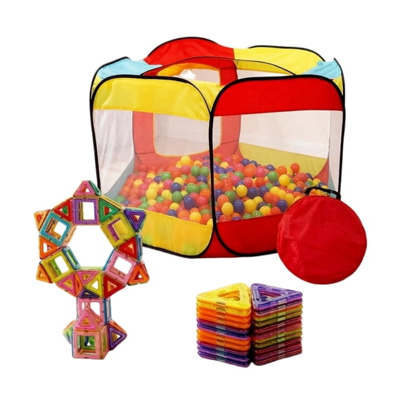 Pit Tent & Magnetic Blocks Set - , 100-Piece STEM Magnetic Tiles Toys , Indoor Outdoor Activity Center with Carry Bag(Balls Not Included)