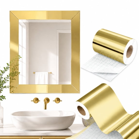 Artrylin Mirror Frame Border Gold Metallic Wallpaper Border Peel and Paste Metal Wall Trim Molding Contact Paper for Mirror Decor Kitchen Bathroom Bulletin Board DIY 3.94"x197"