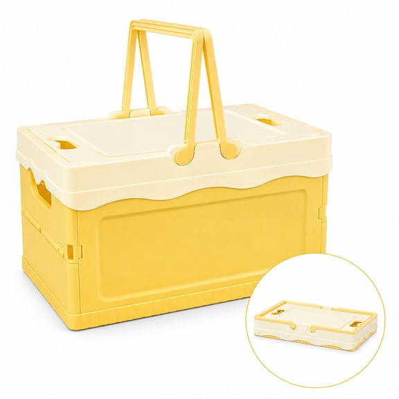 Artrylin Pastel Plastic Storage Bin with Lid and Handle Cute Collapsible Storage Crates Foldable Plastic Basket Stackable Bins for Home Kitchen Office Bathroom Picnic (Yellow)