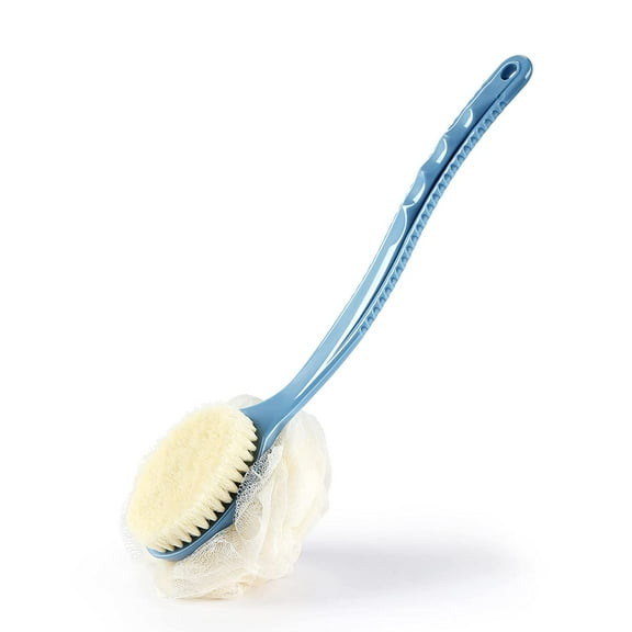 Artrylin Shower Body Brush with Bristles and Loofah,Back Scrubber Bath Mesh Sponge with Curved Long Handle for Skin Exfoliating Bath, Massage Bristles Suitable for Wet or Dry, Men and Women (Blue)