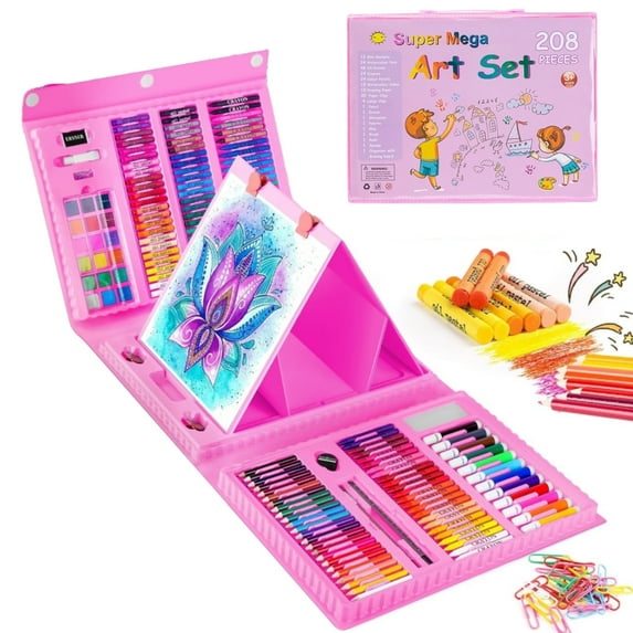 Arts and Crafts for Kids Teens Girls Boys Ages 4, 6, 8, 10, 12, 208 Pieces Drawing Set Art Kits with Trifold Easel, Crayons, Pastels, Watercolor(Pink)