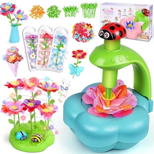 Arts and Crafts Kit for Kids Ages 4-9: DIY Flower Bloom Maker Set with Music Light Base, Vase, Fridge Magnets & Cards – Birthday Gift for Girls and Boys