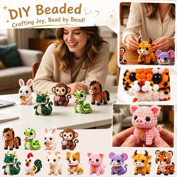 Arts and Crafts Kit, Tiny 3D Beaded Animal Diy Kit, Bead Animal Making Kit, Chinese New Year Crafts for Student, Chinese Zodiac Rabbit Diy Beaded Set, Includes Animal Beads,