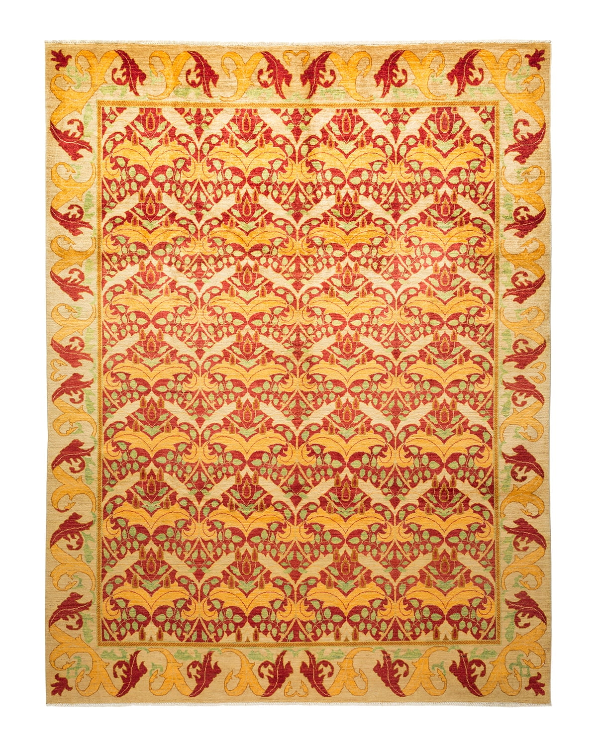 Hand-Knotted Red and Yellow Wool Floral Area Rug